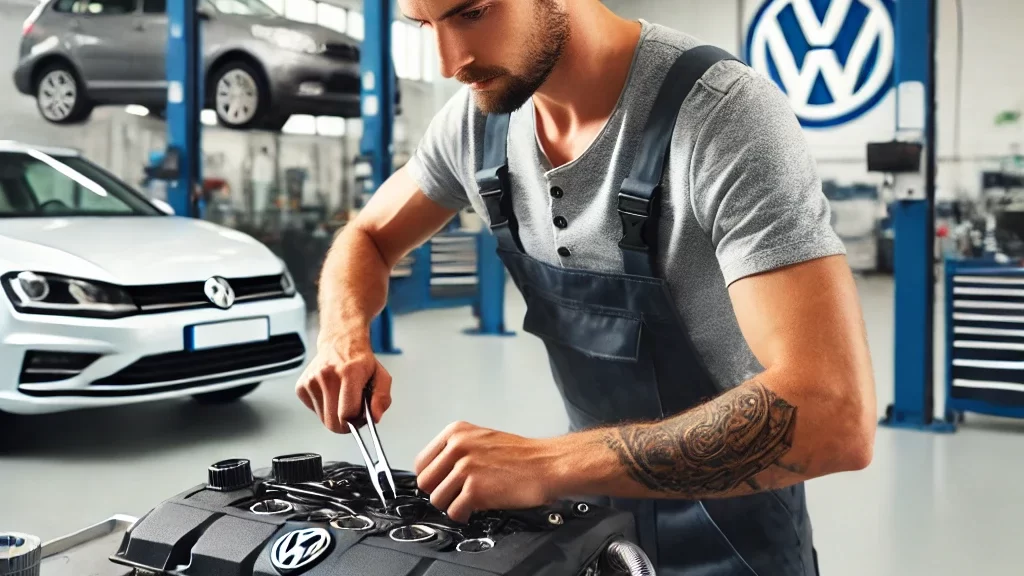 mechanic working on a Volkswagen engine in a clean, organized workshop