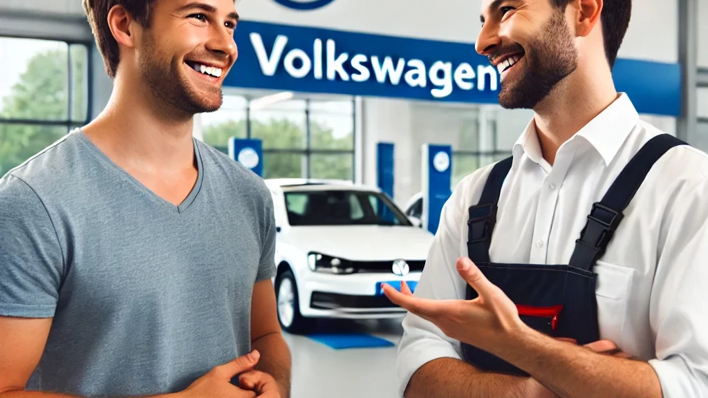 Customer talking to a mechanic in a Volkswagen service center