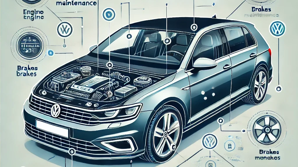 Volkswagen car with various parts and maintenance points highlighted