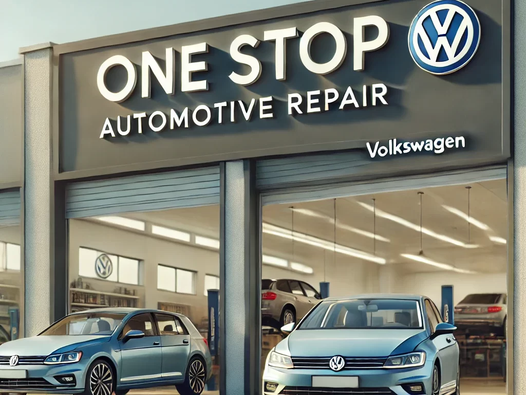 One Stop Automotive Repair shop front with Volkswagen cars parked outside